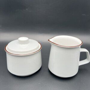 Vintage Stone Ware Creamer & Sugar Set Grayish White w/ Brown Rim MCM